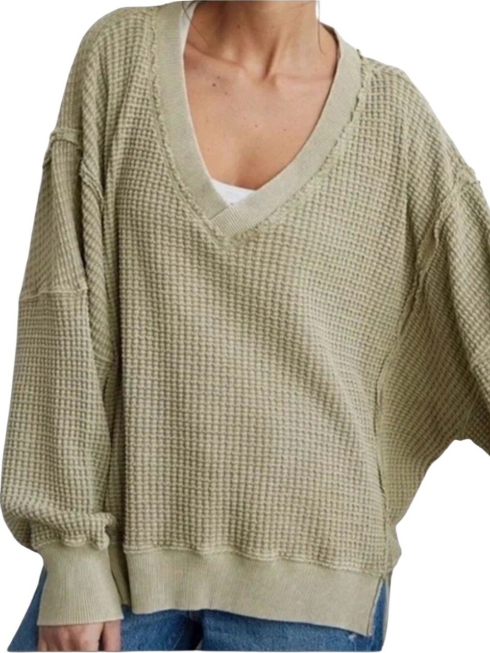 American Eagle Big Hug Oversized Vneck Waffle Knit Sweatshirt XS Boxy Slouchy